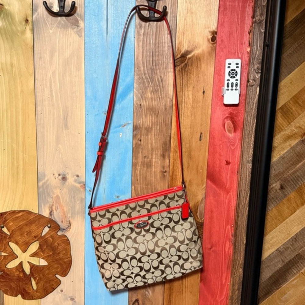 Coach Signature Small Crossbody Bag Brown Monogram Red Leather Trim
